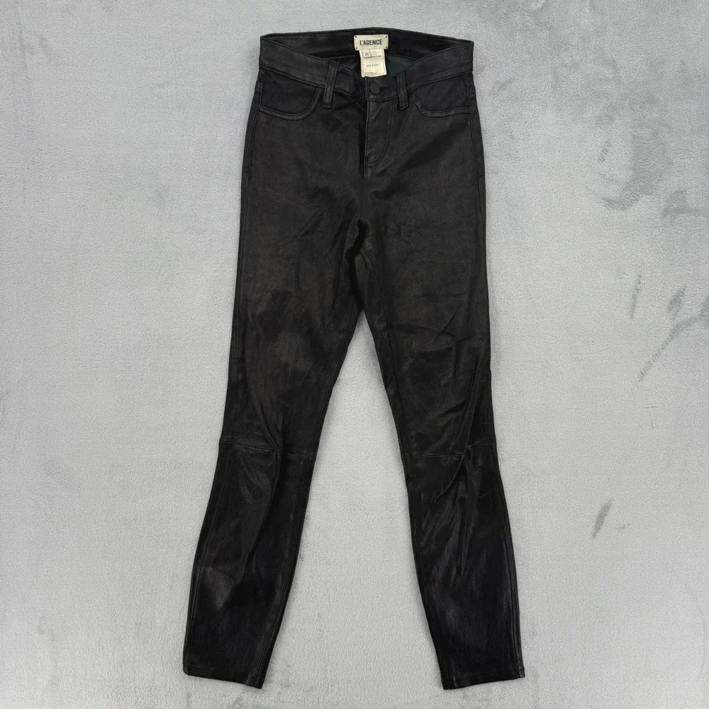 L'Agence Margot Black Coated Skinny Lamb Leather High Rise Pants Size 23 - Picture 3 of 16